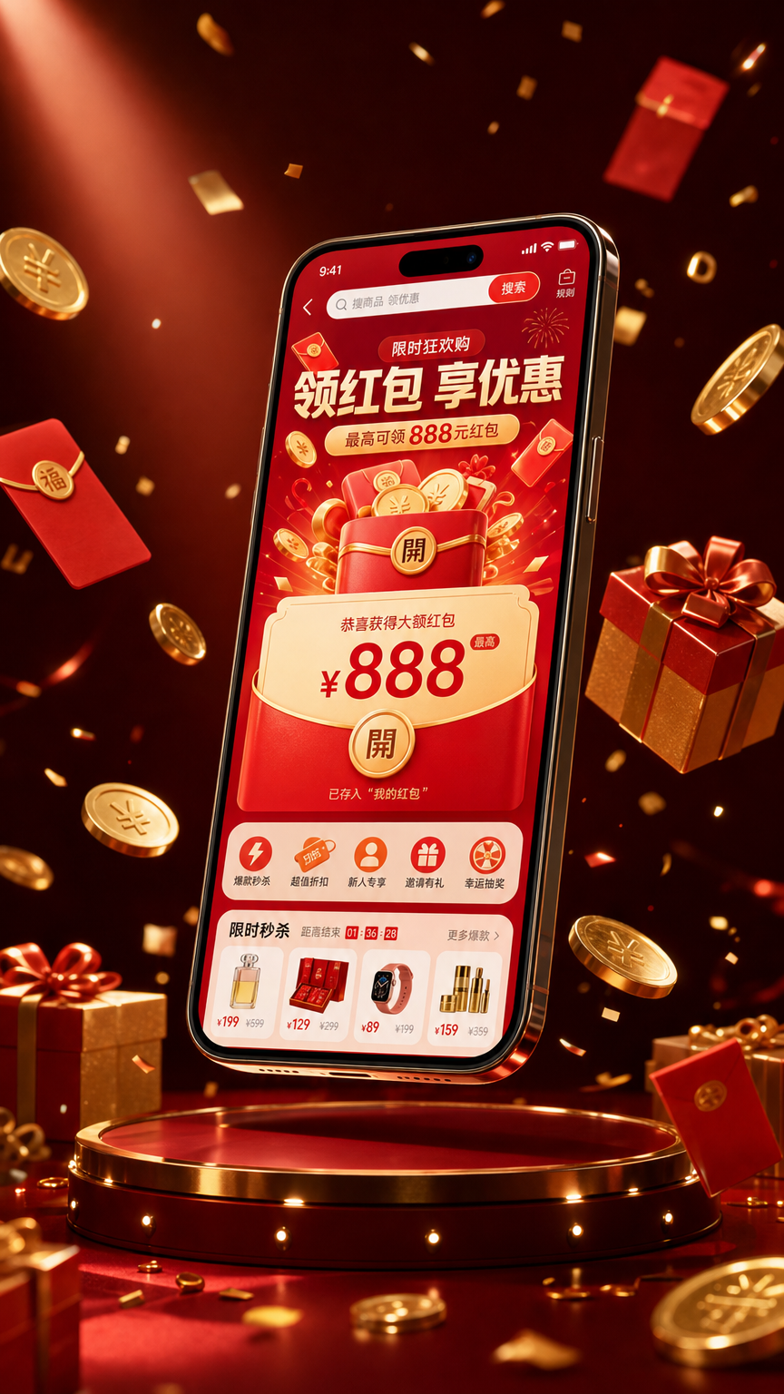 福利优惠领奖APP客户端手机Mockup